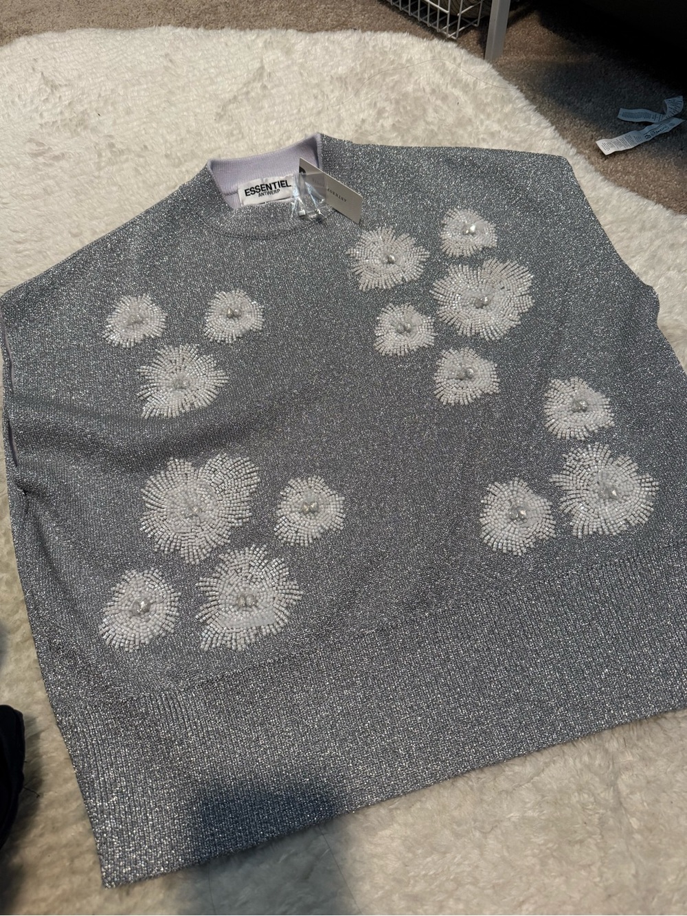 Essentiel Silver Sparkle Crewneck Sweater with Beaded Floral Detail